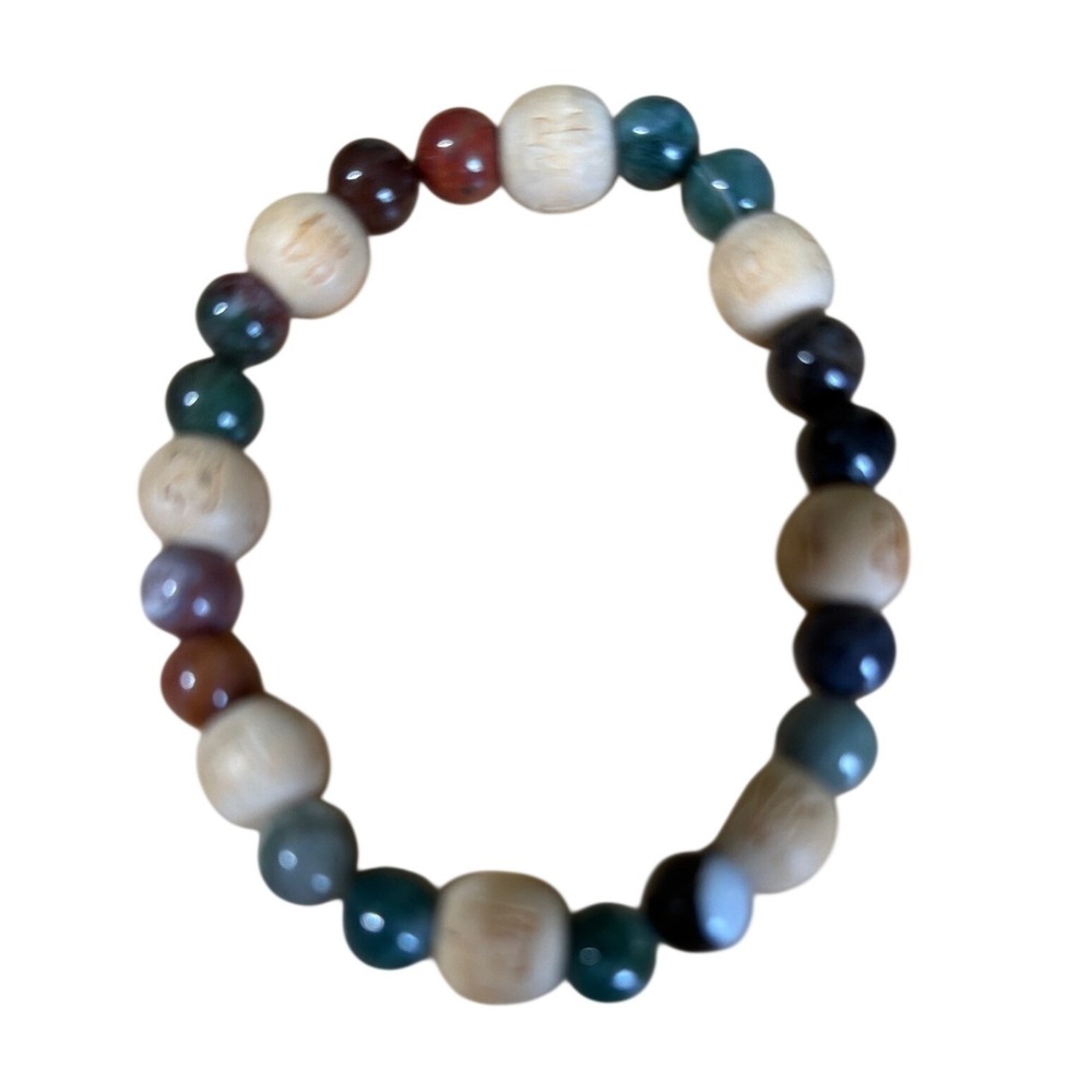 Natural Stone and Carved Wood Beaded Stretch Bracelet Earthy Zen‎ Earthy
